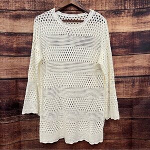 Cream Crochet Knit Sweater Coverup Top Scalloped Trim Size M